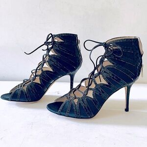 Jimmy Choo black and navy python trimmed heels 37.5